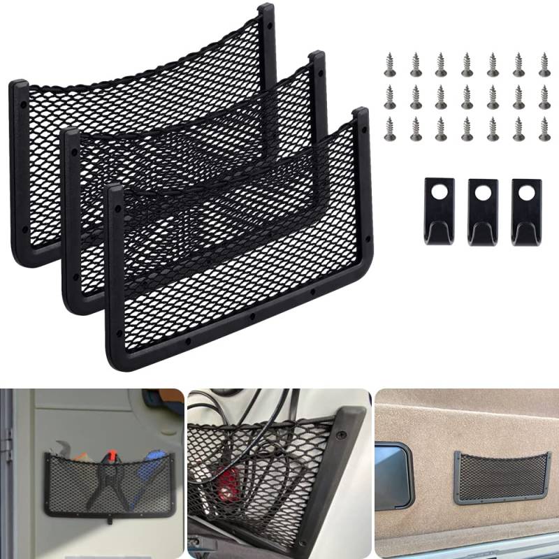 3 Stück Gepäcknetz 42 * 21CM Mit Haken Aufbewahrungsnetz Auto Car Trunk Storage Net mit Schraube Auto Ablagenetz für Wohnwagen, LKW, Transporter Lieferwagen von NIERBO