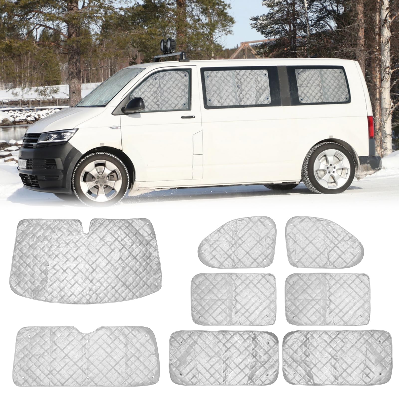 Sonnenschutz Frontscheibe VW T5 T6, 8 Stück Thermomatten Auto Frontscheibenabdeckung Aluminium Blockiert UV Strahlen für Wohnmobil Windschutzscheiben von NIGOOLATA