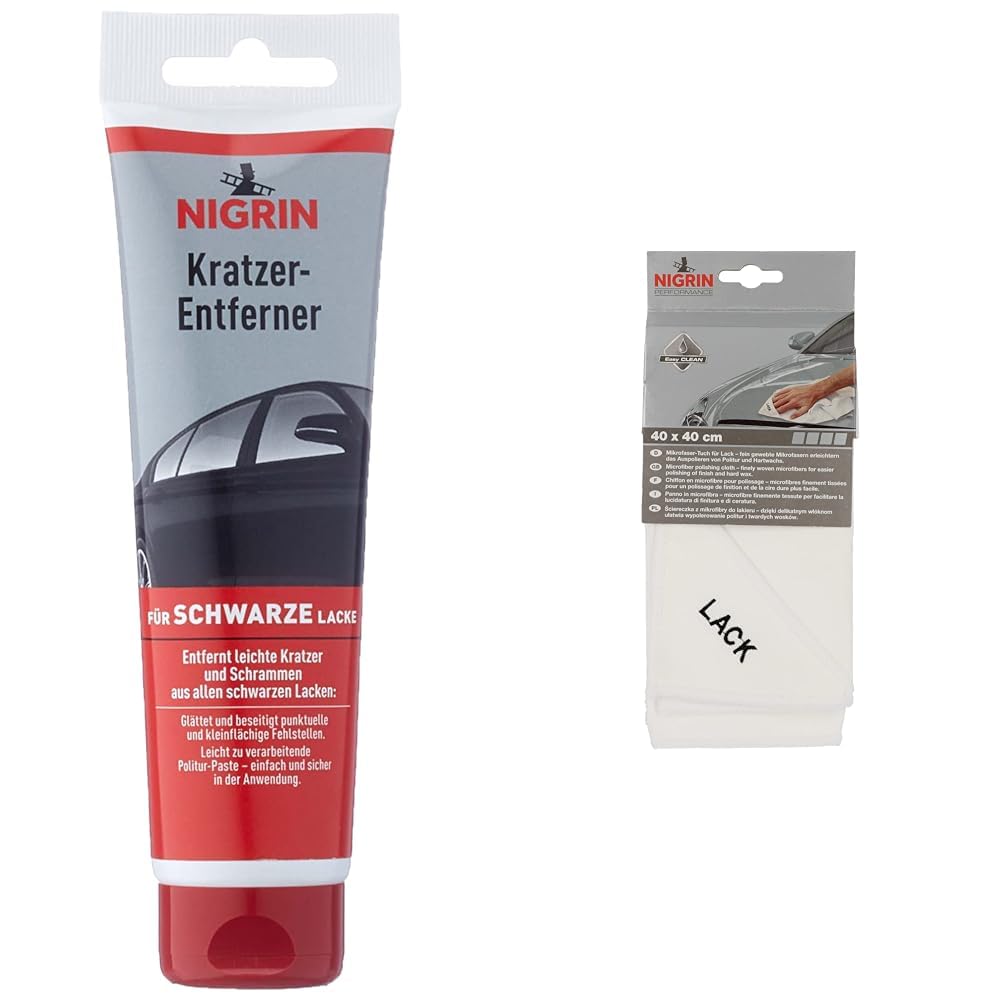 NIGRIN 74256 Kratzer-Entferner, 150 g, schwarz & Mikrofaser-Tuch Lack, besonders sanft zum Lack, garantiert kratzerfreies Auspolieren, Auto Microfasertuch Autopflege, 40x40 cm von NIGRIN