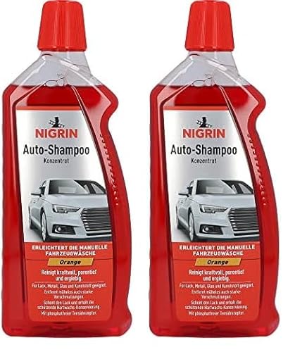 NIGRIN Autoshampoo Konzentrat, 1 Liter, entfernt auch starke Verschmutzungen, schont Lack- und Kunststoffoberflächen, mit Orangen-Duft, Orange (Packung mit 2) von NIGRIN