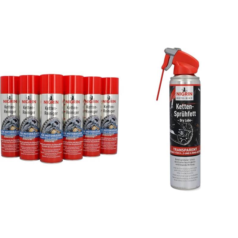 NIGRIN Kettenreiniger, 6 x 500 ml Sprühdose, Kettenspray & MOTO-BIKE Dry Lube Ketten-Sprühfett für Motorrad, 400 ml, geeignet für O-, Z- und X-Ring-Ketten, Korrosionsschutz von NIGRIN