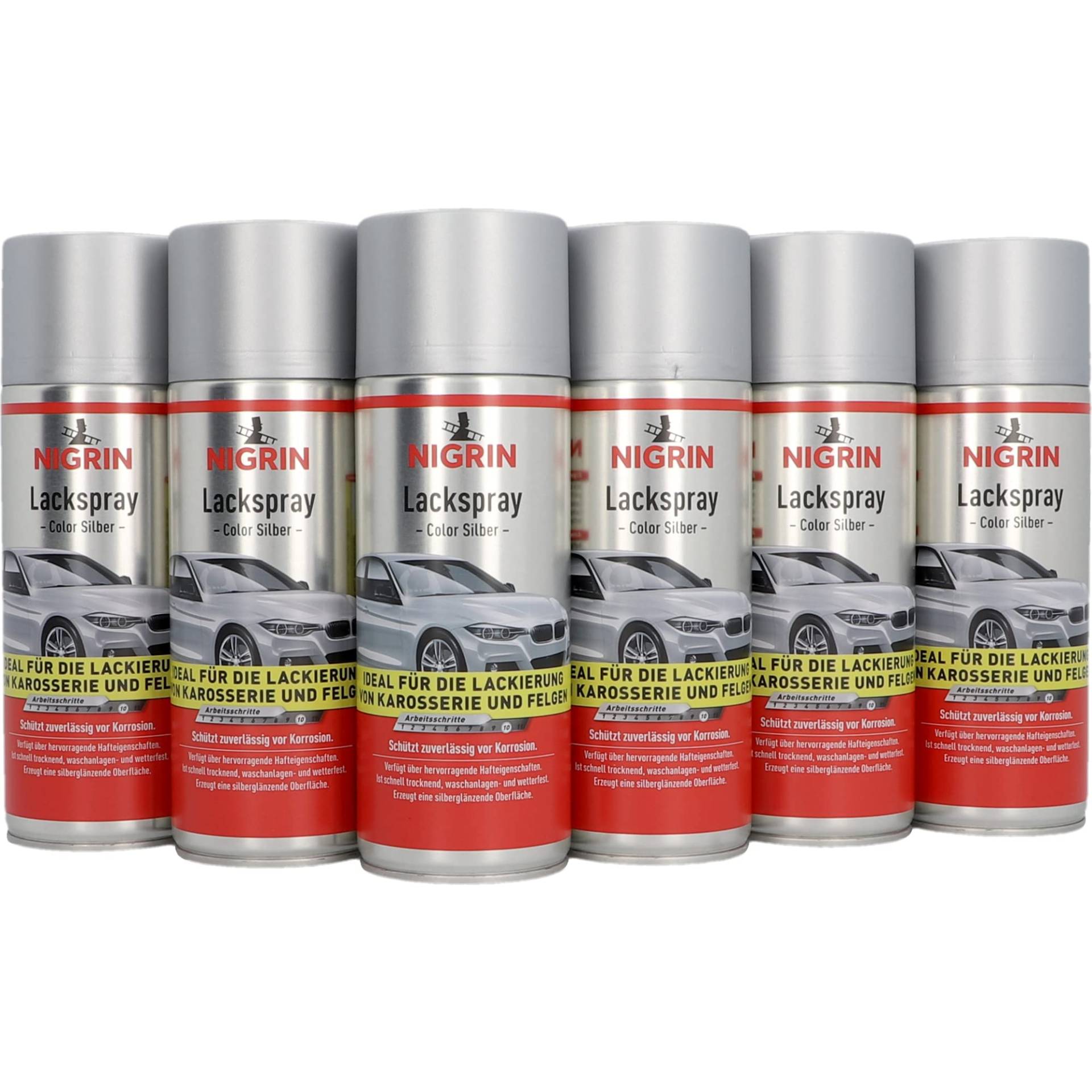 NIGRIN Lackspray, 6 x 400 ml, Autolack Silber, schützt Felgen und Karosserie vor Rost, schnell trocknend von NIGRIN