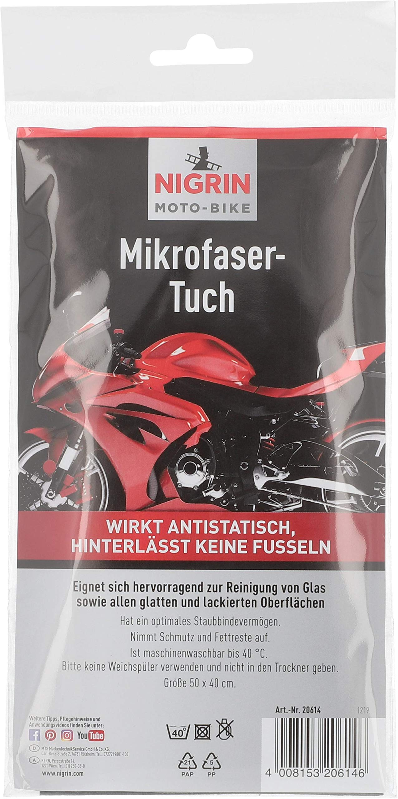 NIGRIN MOTO-BIKE Microfasertuch für Motorrad Größe 50 x 40 cm, geeignet zur Reinigung von Glas und glatten Oberflächen, waschbar bis 40° C von NIGRIN