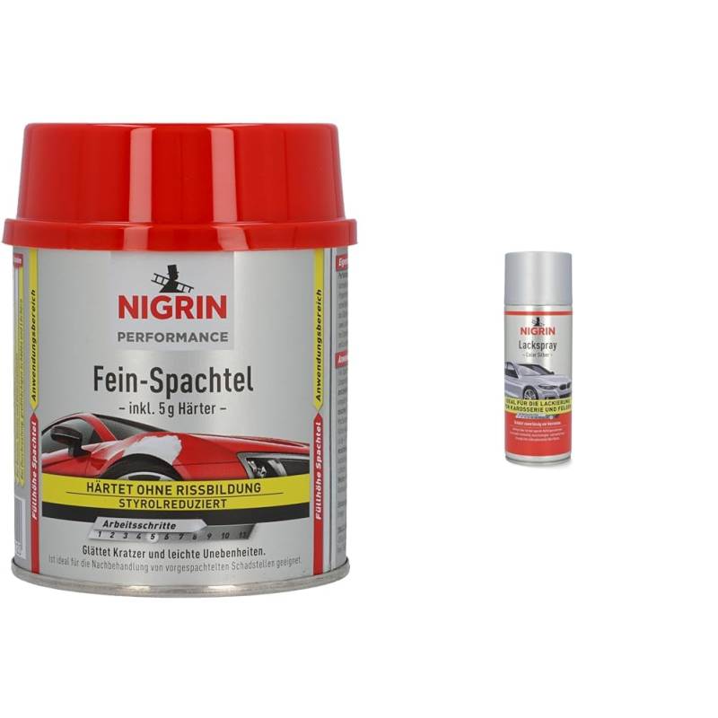 NIGRIN Performance Fein-Spachtel & Lackspray, 400 ml, Autolack Silber, schützt Felgen und Karosserie vor Rost, schnell trocknend von NIGRIN