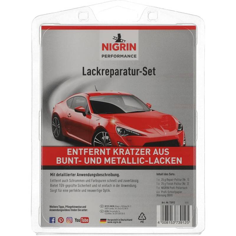 NIGRIN Performance Lackreparatur-Set, Kratzer Entferner, 1x Repair-Politur, 1x Finnish-Politur, 4x Profi –Schleifpapier, für leichte, mittlere und schwere Kratzer im Autolack von NIGRIN