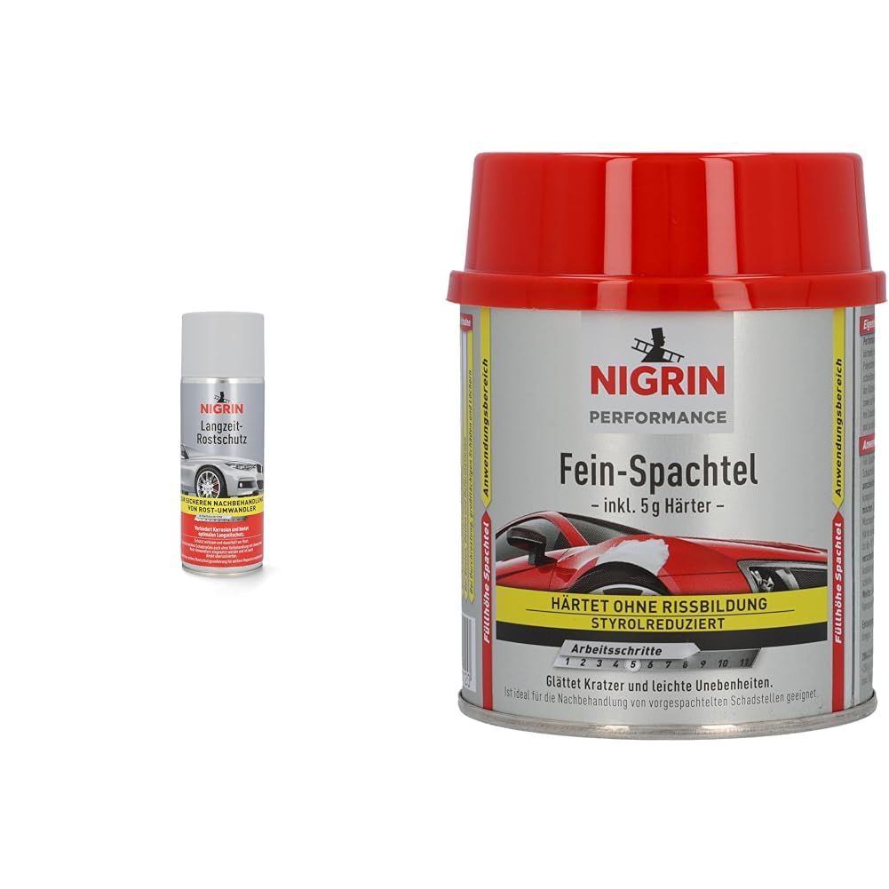 NIGRIN Rostprimer- Spray grau 400 ml & Performance Fein-Spachtel, härtet ohne Rissbildung, glättet Kratzer und Unebenheiten, 245 g inkl. 5 g Härter von NIGRIN