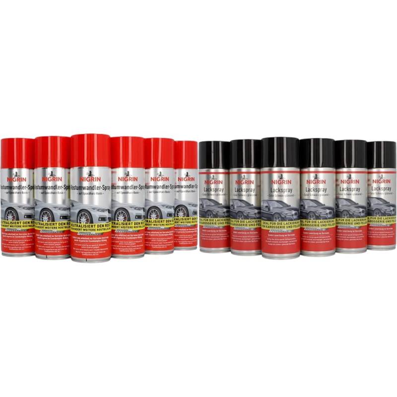 NIGRIN Rostumwandler Spray, 6 x 400 ml, Korrosionsschutz Lack mit rostumwandelnden Eigenschaften, langanhaltender Korrosionsschutz & Lackspray, 6 x 400 ml, schwarz glänzender Autolack von NIGRIN