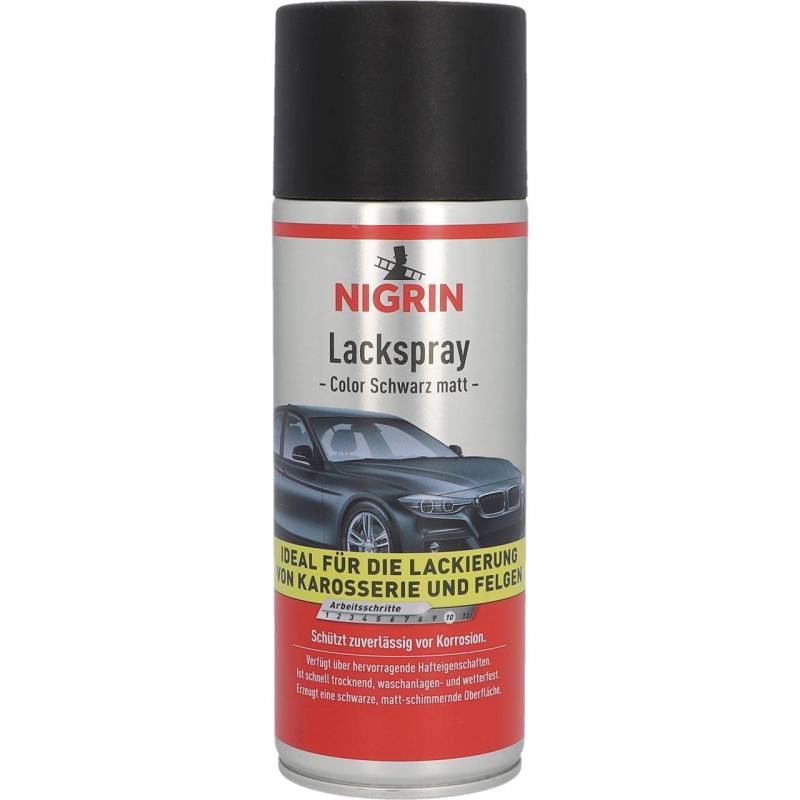 NIGRIN Lackspray, 400 ml, mattschwarzer Autolack, schützt Felgen und Karosserie vor Rost, schnell trocknend, Schwarz von NIGRIN