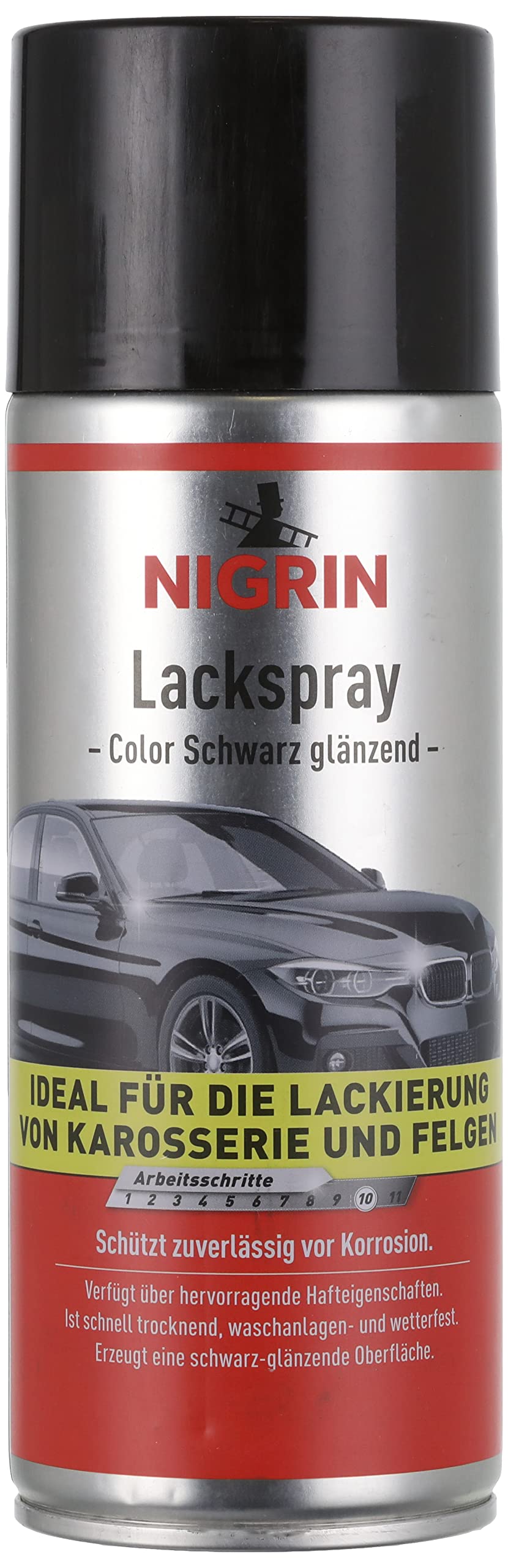 NIGRIN Lackspray, 400 ml, schwarz glänzender Autolack, schützt Felgen und Karosserie vor Rost, schnell trocknend von NIGRIN