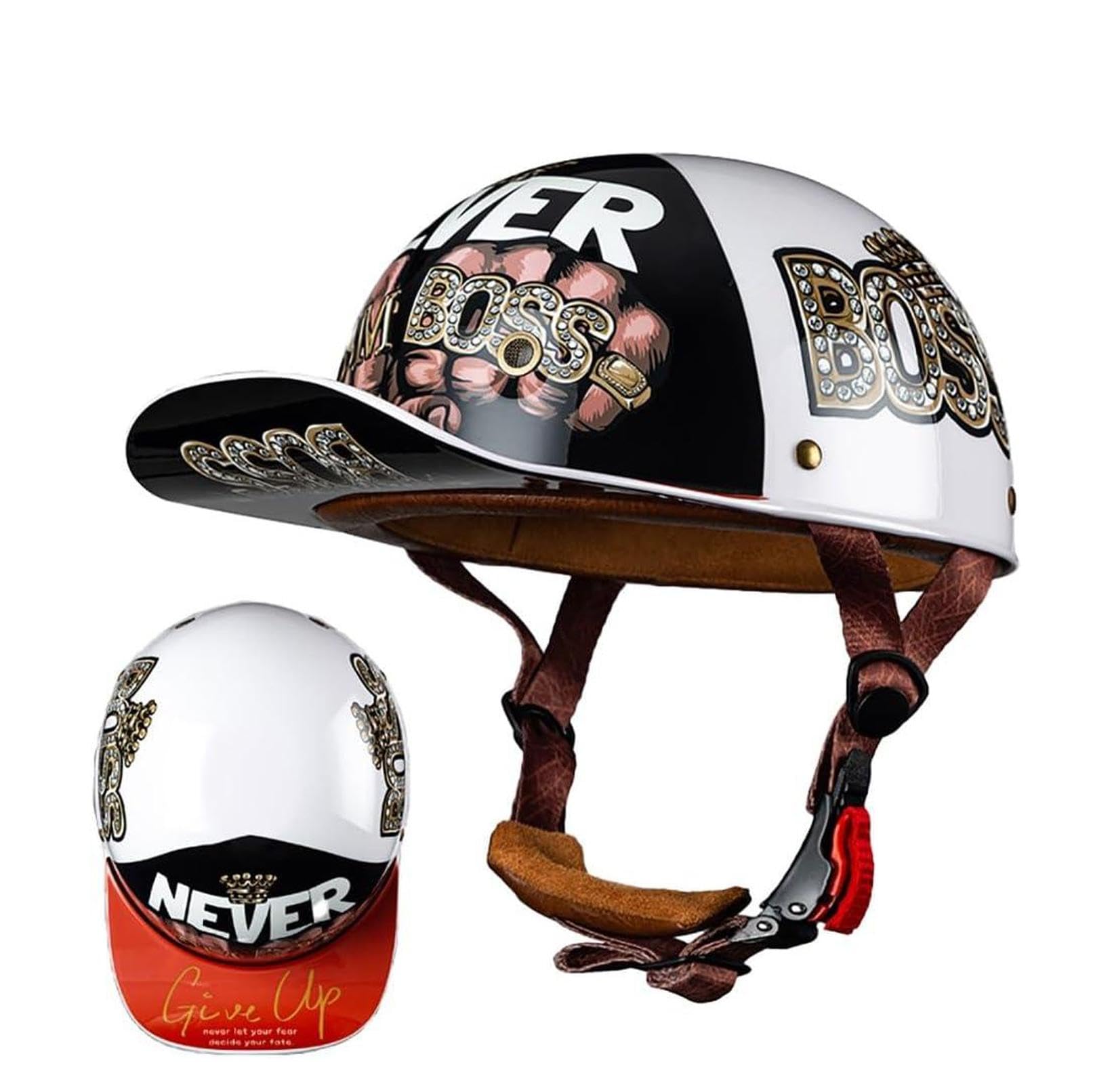 Motorrad Halbschalen Halbhelm Halbschalenhelm Baseballmütze-Helm Baseball Cap Brain-Cap Motorradhelm Mit ECE Cruiser Chopper Scooter Helm Für Bike Cruiser Chopper Moped Scooter,A-M =（57〜58CM） von NIKSHI