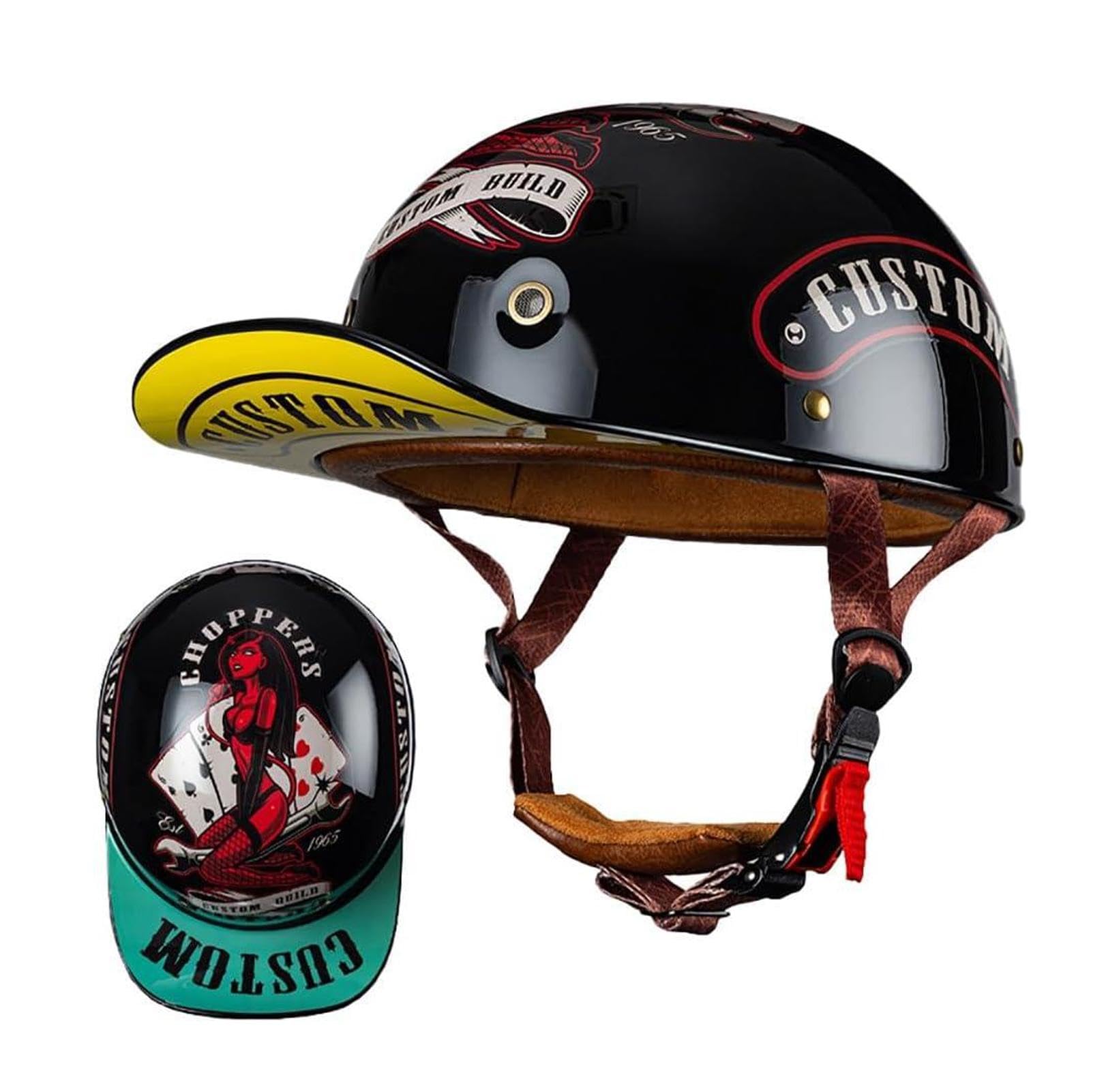 Motorrad Halbschalen Halbhelm Halbschalenhelm Baseballmütze-Helm Baseball Cap Brain-Cap Motorradhelm Mit ECE Cruiser Chopper Scooter Helm Für Bike Cruiser Chopper Moped Scooter,D-L =（59〜60CM） von NIKSHI