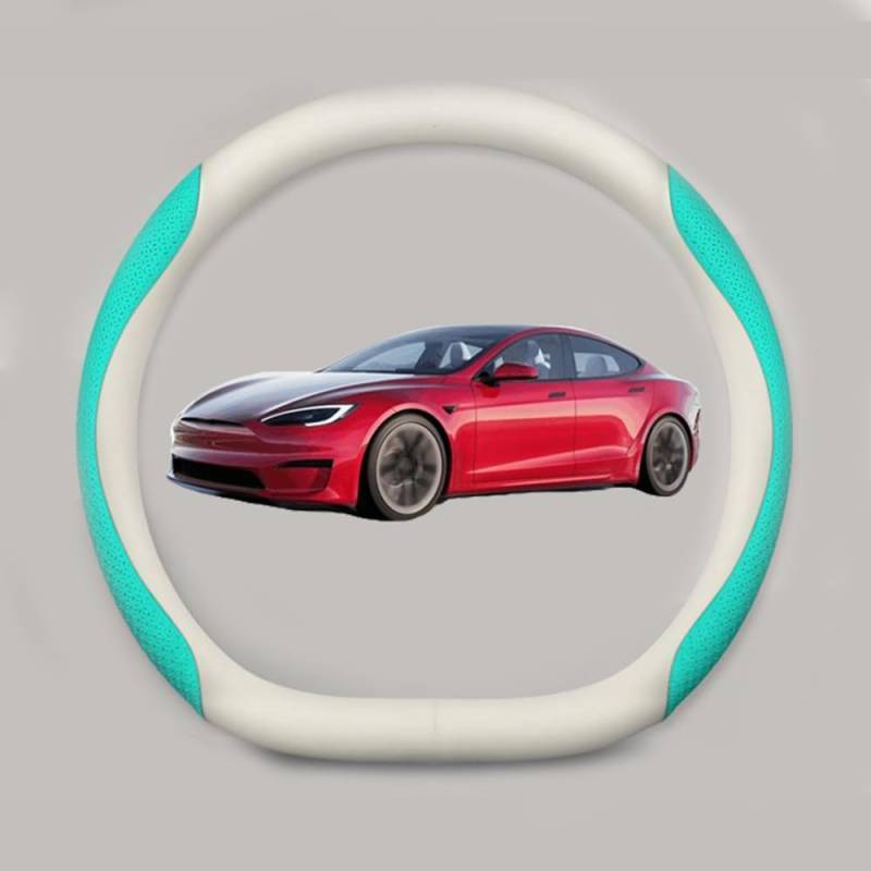 NINQ Auto Leder Lenkradbezug für Tesla Model 3 Highland 2024, Atmungsaktiv Anti Rutsch Universal Lenkrad Schutzhülle Styling Zubehör,Leather Whit Blue von NINQ