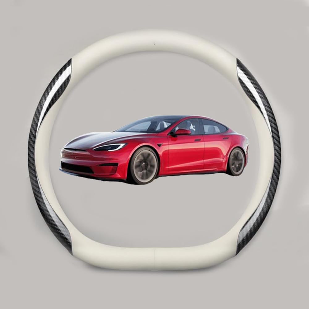 NINQ Auto Leder Lenkradbezug für Tesla Model 3 Highland 2024, Atmungsaktiv Anti Rutsch Universal Lenkrad Schutzhülle Styling Zubehör,Leather White Carbon Fiber von NINQ