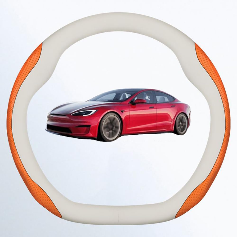 NINQ Auto Leder Lenkradbezug für Tesla Model 3 Highland 2024, Atmungsaktiv Anti Rutsch Universal Lenkrad Schutzhülle Styling Zubehör,Leather-White Orange von NINQ