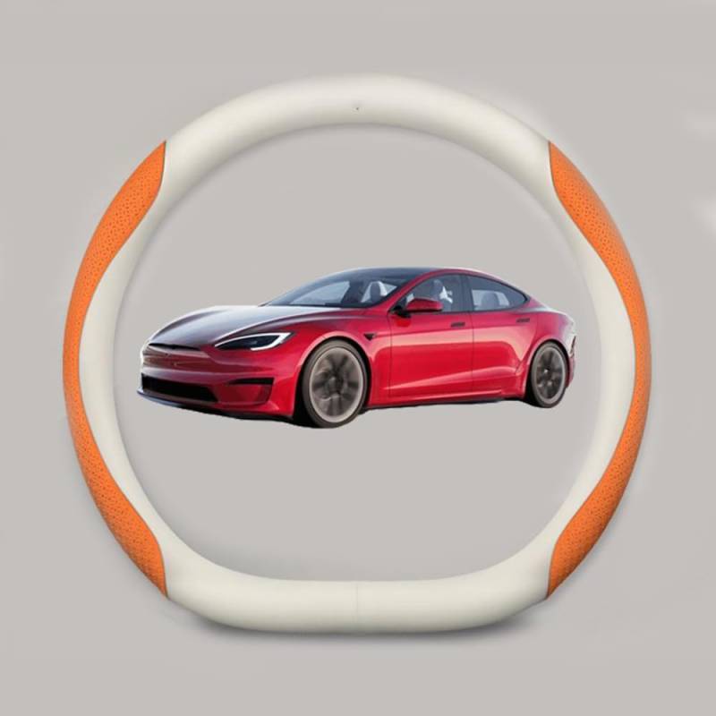 NINQ Auto Leder Lenkradbezug für Tesla Model 3 Highland 2024, Atmungsaktiv Anti Rutsch Universal Lenkrad Schutzhülle Styling Zubehör,Leather White Orange von NINQ