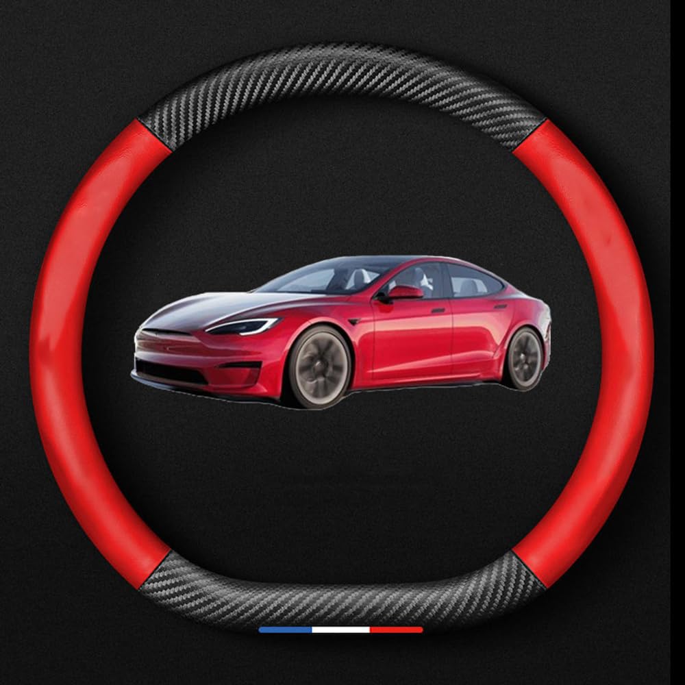 NINQ Auto Leder Lenkradbezug für Tesla Model 3 Highland 2024, Atmungsaktiv Anti Rutsch Universal Lenkrad Schutzhülle Styling Zubehör,Red Style -B von NINQ