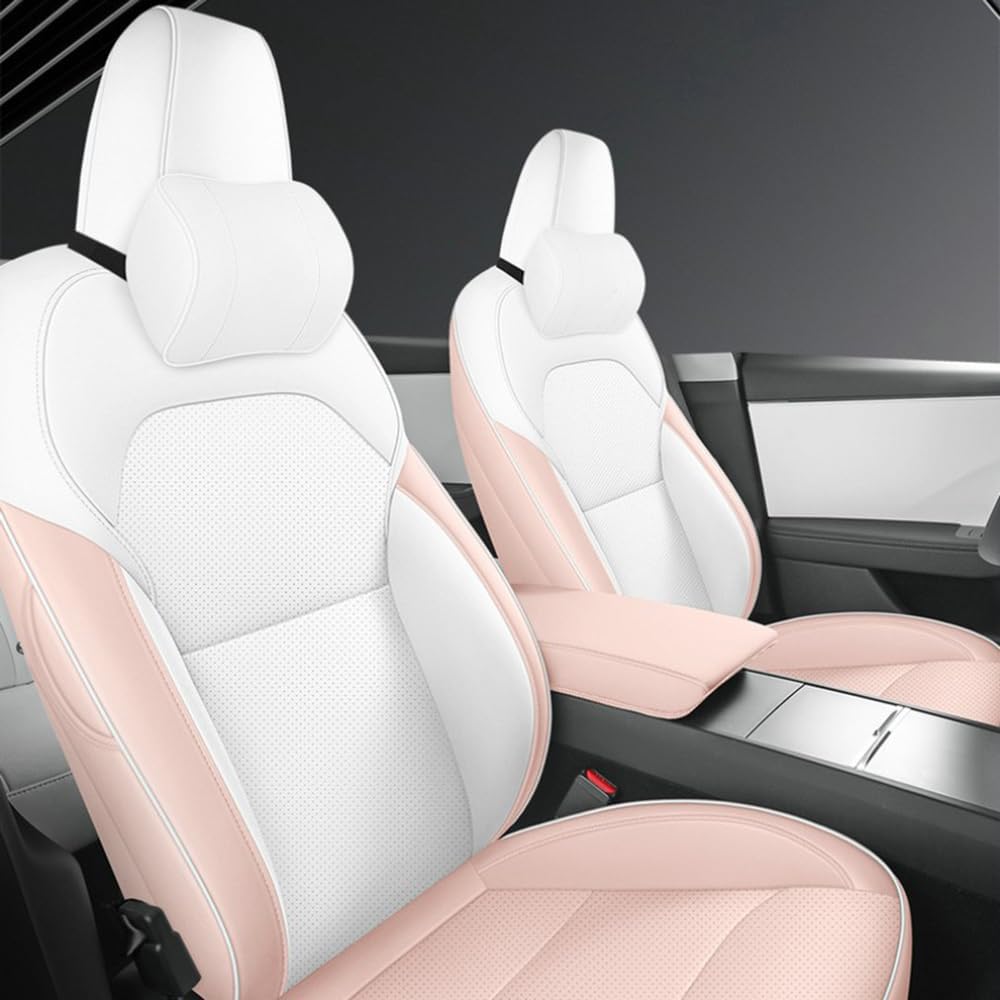 NINQ PU Leder Autositzbezüge-Set für Tesla Model 3 Highland 2024, Airbag kompatibel, wasserdicht, komplett vorne und hinten Schonbezüge,White pink Style von NINQ