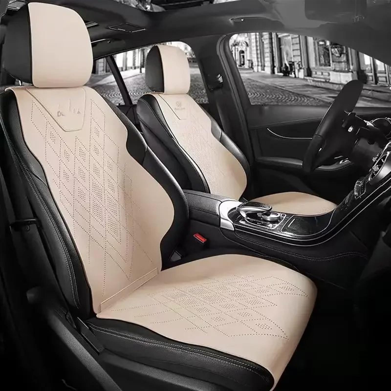 NIONGYN Set Autositzbezüge Universal Autositzbezüge Atmungsaktive Sitzkissen Pad Komplettset Auto Stuhl Matte Dekoration Vier Jahreszeiten Universal Autositz Schutzpolster(Beige) von NIONGYN