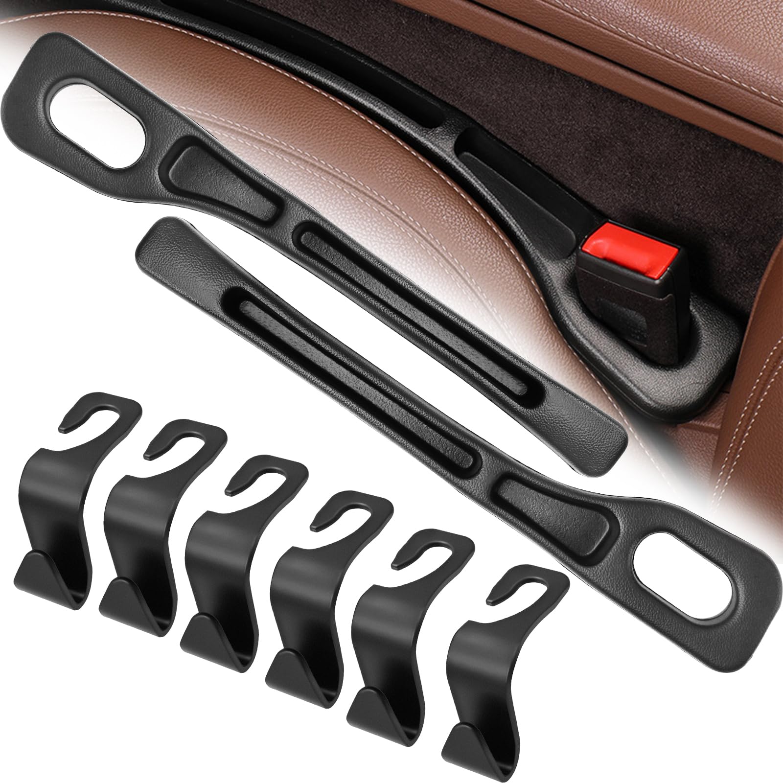 NISENTIA 6 Stück Taschenhalter Auto, 2 Stück Autositz Lückenfüller, Haken Auto Kopfstütze, Universal Car Seat Gap Filler, Autositz Organizer, Kleiderhaken Auto, Kunststoff Auto Zubehör Gadgets von NISENTIA