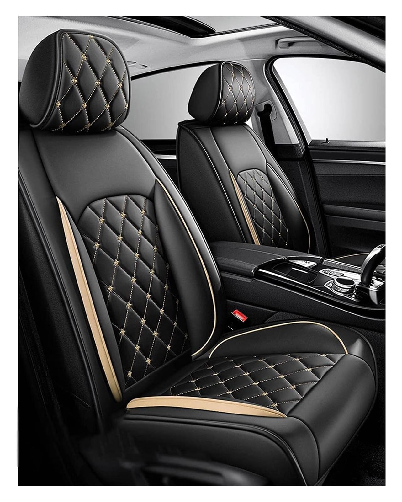 Autositzbezüge Universal Set FüR VW Amarok Beetle Bora CC Caddy Life EOS Fox Golf (2005-2014), Leder Autositzbezug Komplettset, Aus Premium Leder + Einzigartigem Design 5-Sitzer Sitzbezüge(A(Gold)) von NISMIA