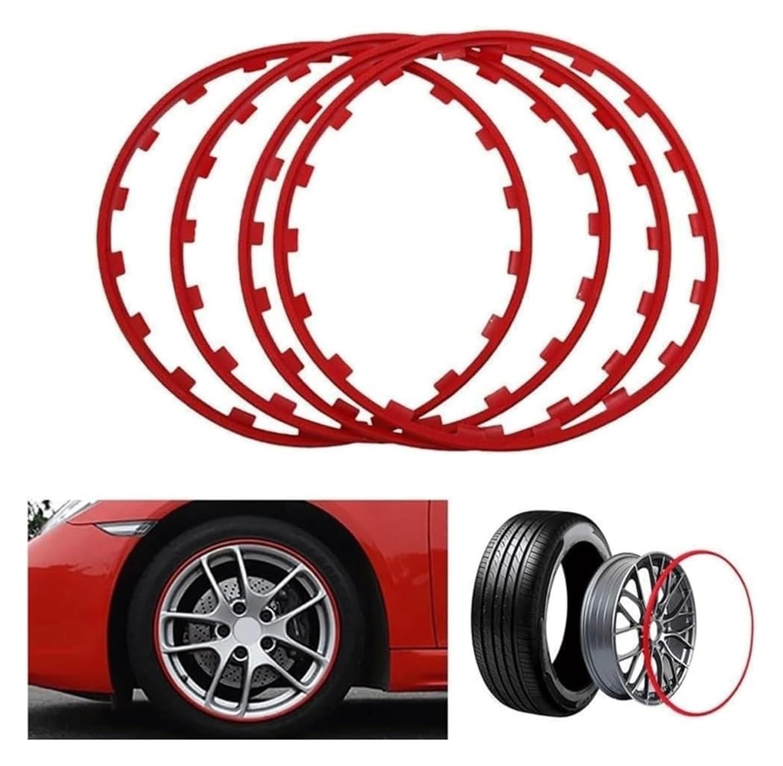 Schutzreifen aus Legierung 15-22 Zoll Radnaben-Antikollisionsstreifen, 4-teiliger Antikollisions- und Kratzschutzring, Automodifikationsdekoration(Red,17 inches) von NIUSABOU