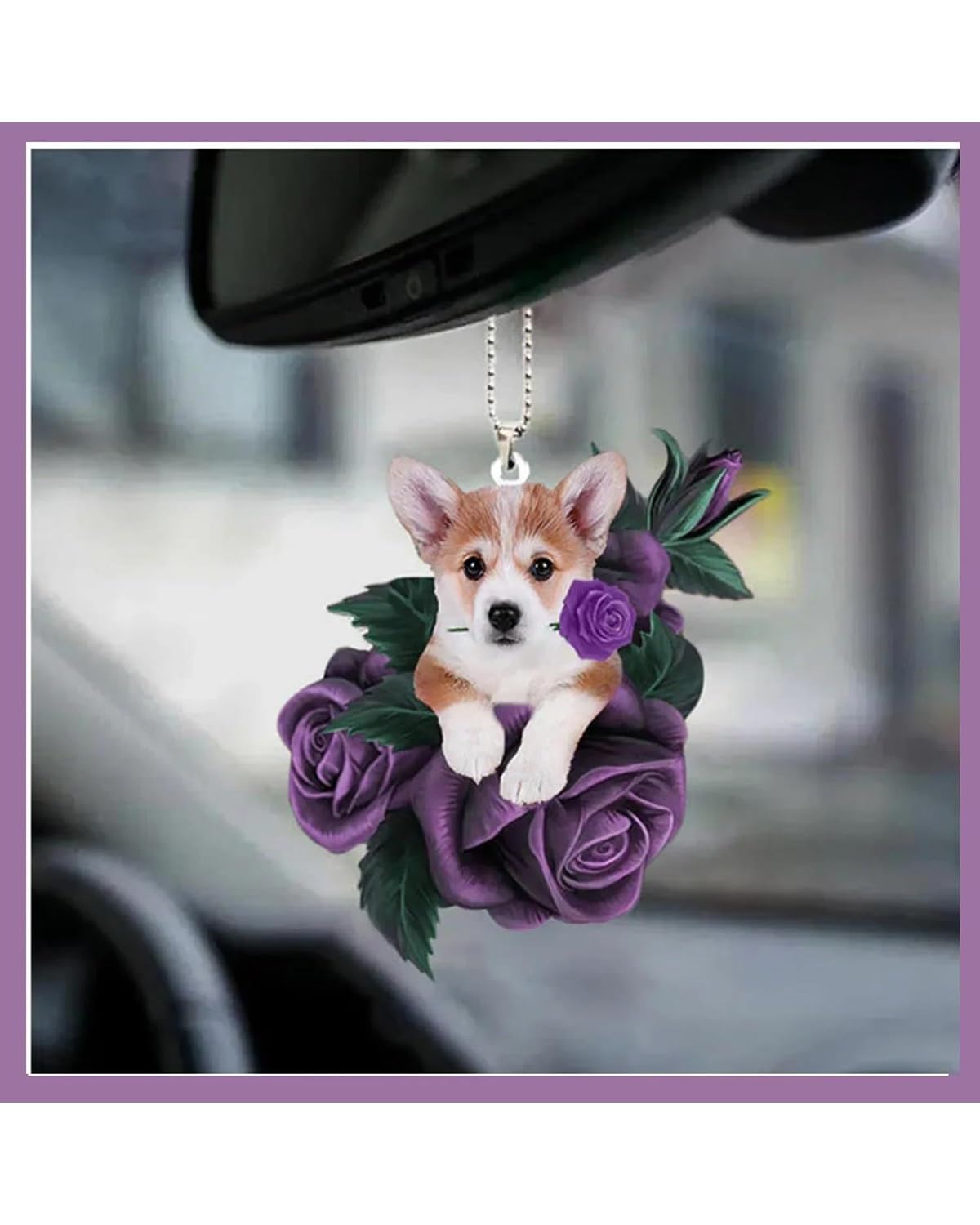 Rückspiegel Anhänger Auto 2d Flache Kawaii Niedlichen Welpen Acryl Auto Anhänger Mit Lanyard Rose Blume Hund Rückspiegel Anhänger Schlüssel Bund Hängen Ornament autospiegel anhänger(C) von NLTNJI