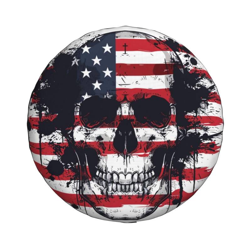 Totenkopf mit amerikanischer Flagge, Reserveradabdeckung, universelle Radreifenabdeckung, lustiger Totenkopf-Skelett-Reifenschutz für Anhänger, Wohnmobil, SUV, LKW, Camper, 14 Zoll von NLWQEKV