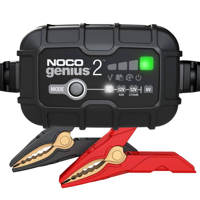 NOCO GENIUS2UK 2A Autobatterieladegerät, 6V und 12V Tragbares Smart Charger, Batteriepfleger, Erhaltungsladegerät und Entsulfator für AGM, Freizeit, Lithium, Motorrad, Motorrad und Wohnwagen Batterien von NOCO