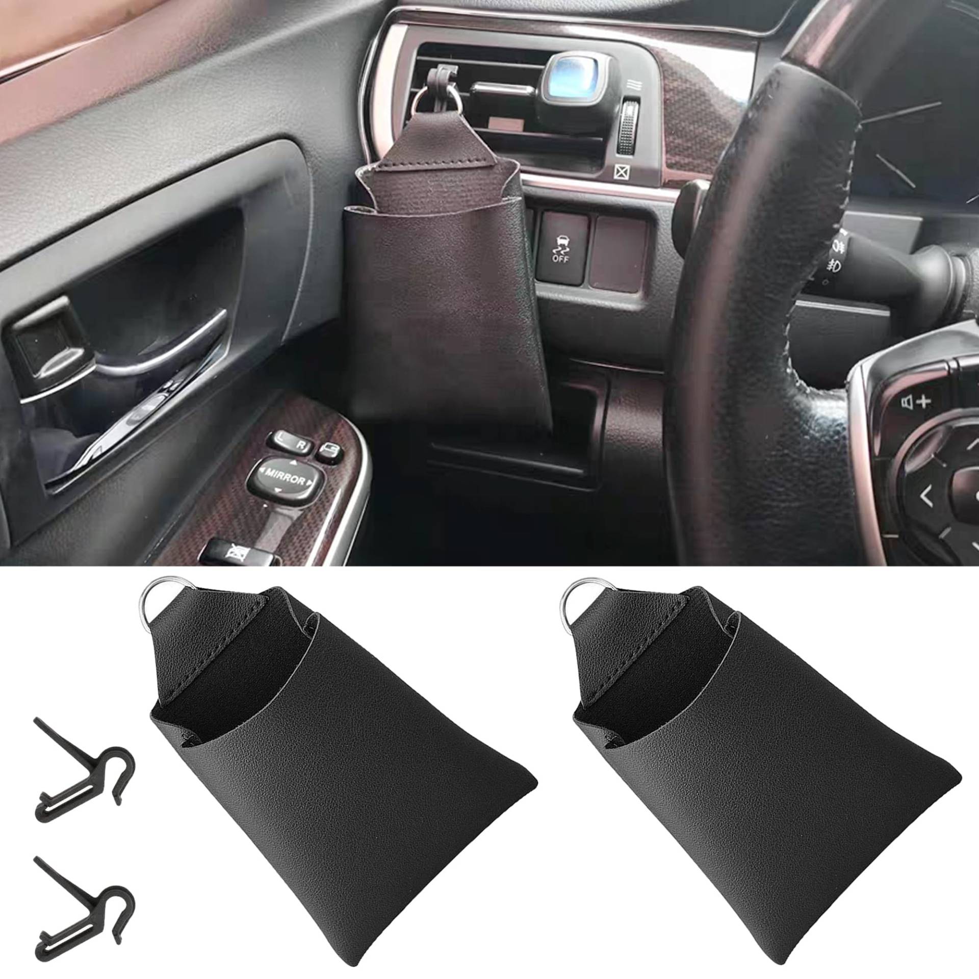 LIANCHEN 2 Stück Air Vent Outlet Bag Leder Aufbewahrungsbeutel Lüftungsschlitz Leder Auto Air Vent Outlet Organizer Aufbewahrungstasche Multifunktions mit Haken für Stifte Schlüssel Brille (schwarz) von NOMEY