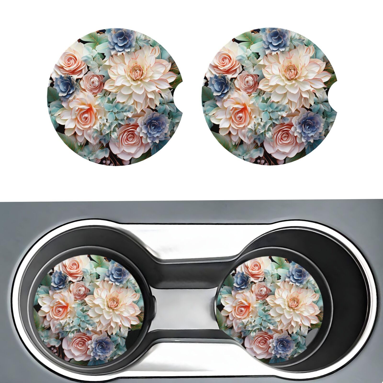 2 Stück Auto-Untersetzer für Getränkehalter, universelle Auto-Bechermatte, moderne Bohemien-Blumen-Untersetzer, 6,5 cm, Keramik-Untersetzer, rutschfeste Getränkehalter-Untersetzer für von NONHAI