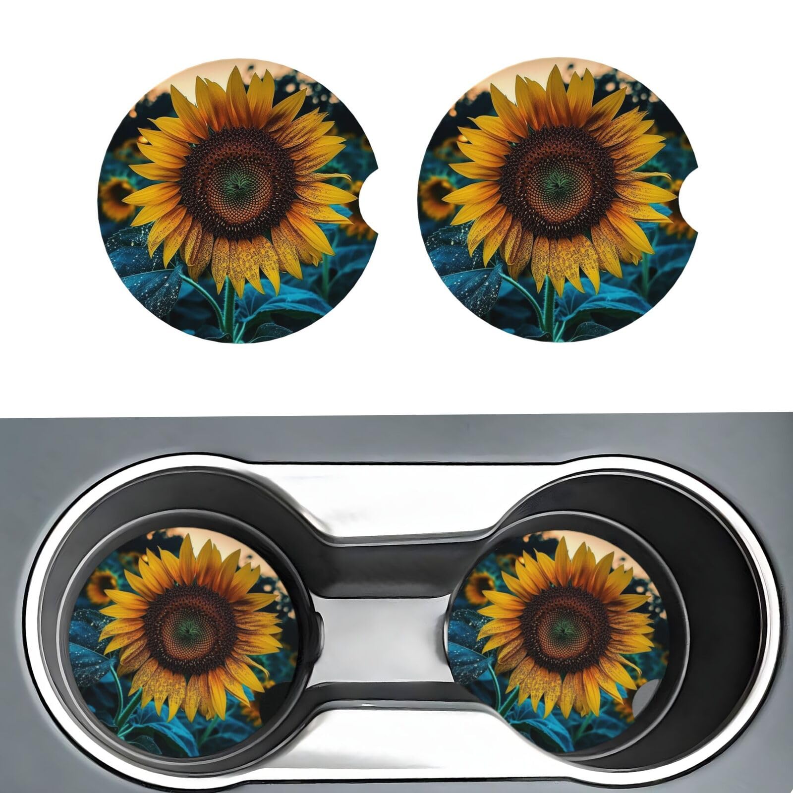 Auto-Untersetzer für Getränkehalter, universelle Auto-Bechermatte, die schönste Sonnenblumen-Untersetzer, 6,5 cm, Keramik-Untersetzer, rutschfeste Getränkehalter-Untersetzer für Auto-Innenzubehör, 2 von NONHAI