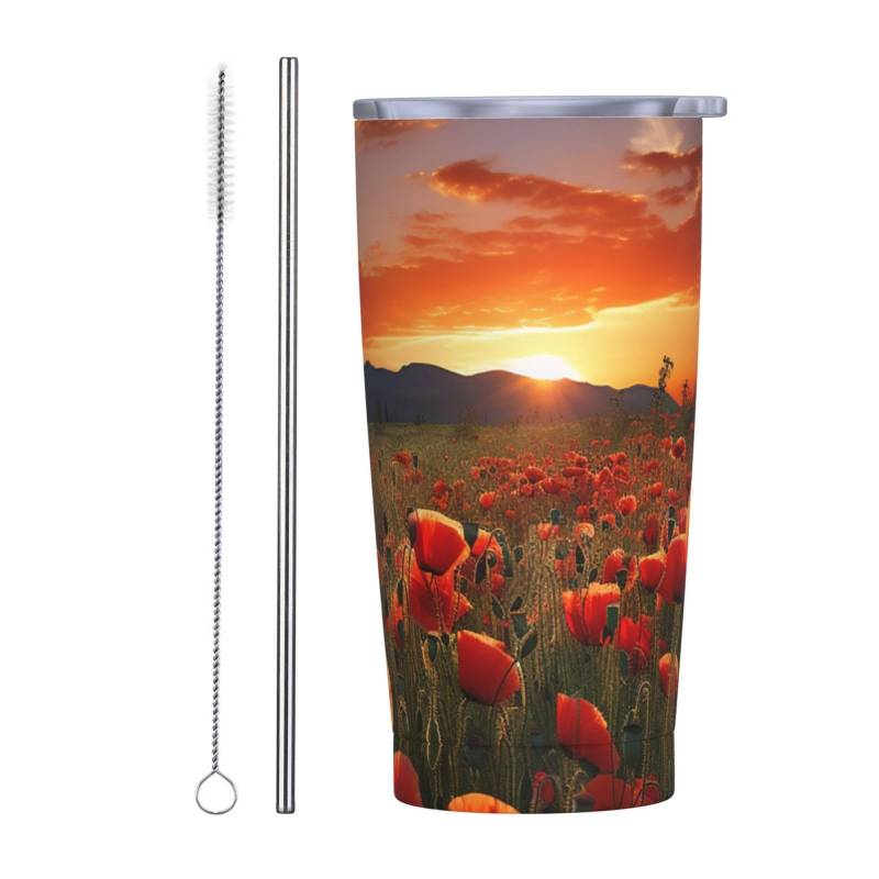 Reise-Kaffeetasse, 590 ml, rotes Mohnblumenfeld im Sonnenuntergang, isolierter Becher mit Deckel und Strohhalmen, wiederverwendbare Edelstahl-Wasserflasche, Reise-Kaffeetassen, Becher für Damen und von NONHAI