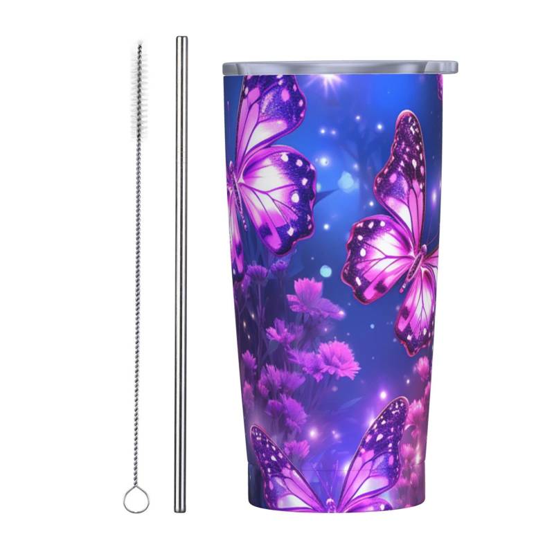 Reise-Kaffeetasse, 590 ml, violett, niedlicher Schmetterlingsdruck, isolierter Becher mit Deckel und Strohhalmen, wiederverwendbare Edelstahl-Wasserflasche, Reise-Kaffeetassen, Becher für Damen und von NONHAI