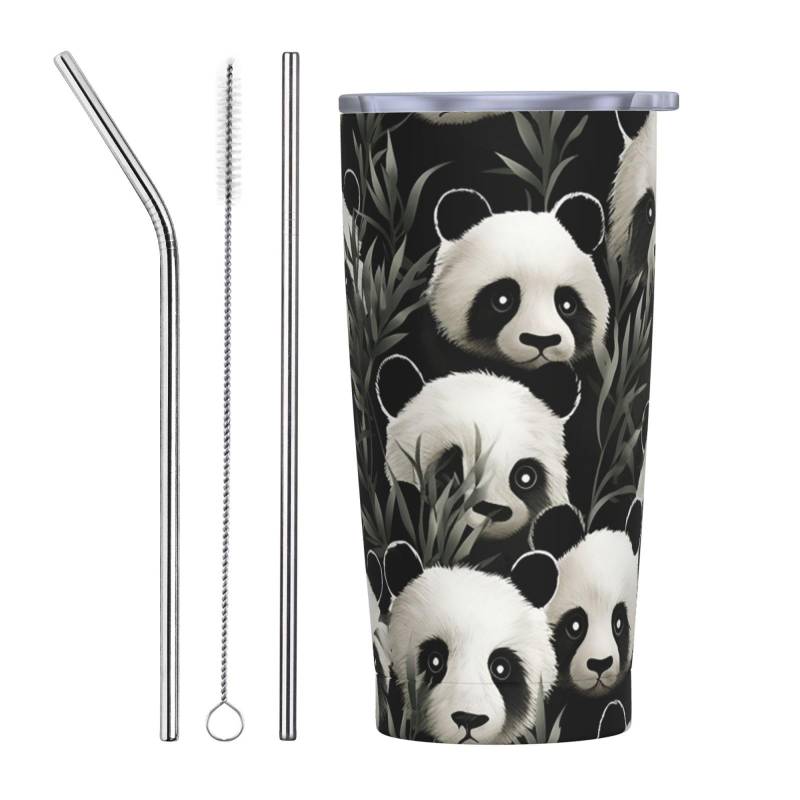 Reise-Kaffeetasse, Panda-Grafik, schwarz und weiß, isolierter Becher mit Deckel und Strohhalmen, wiederverwendbare Edelstahl-Wasserflasche, Reise-Kaffeetassen, Becher für Damen und Herren, 590 ml von NONHAI