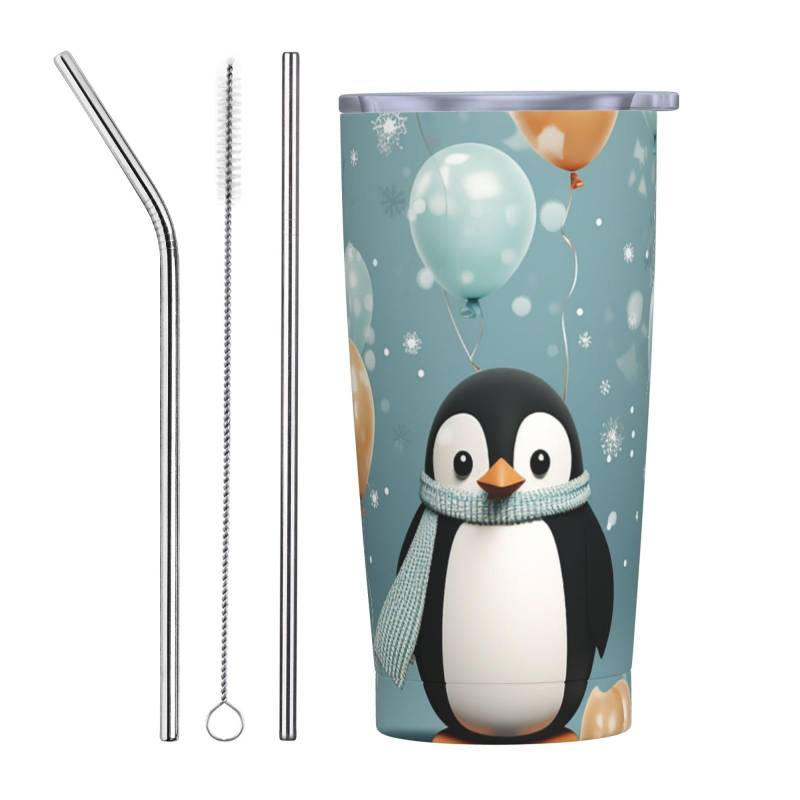 Reise-Kaffeetasse, Pinguin-Ballon, Schneeflocke, isolierter Becher mit Deckel und Strohhalmen, wiederverwendbar, Edelstahl, Wasserflasche, Reise-Kaffeetassen, Becher für Damen und Herren, 590 ml von NONHAI