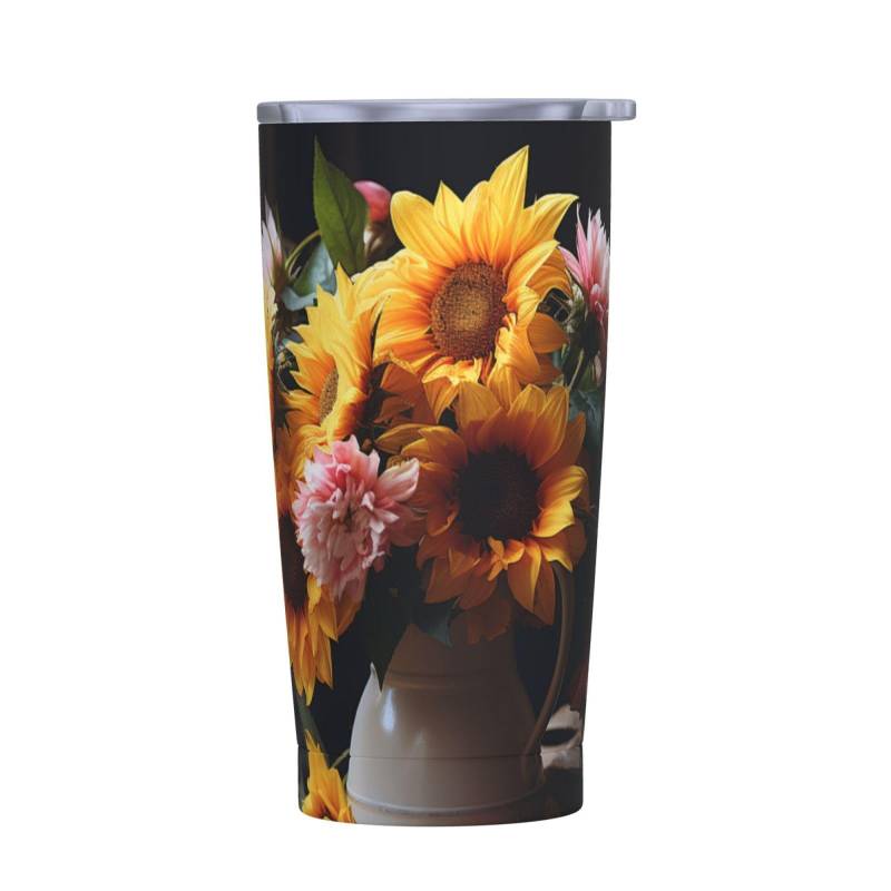 Reise-Kaffeetasse, Sommerblumen-Arrangement, isolierter Becher mit Deckel und Strohhalmen, wiederverwendbare Edelstahl-Wasserflasche, Reise-Kaffeetassen, Becher für Damen und Herren, 590 ml von NONHAI