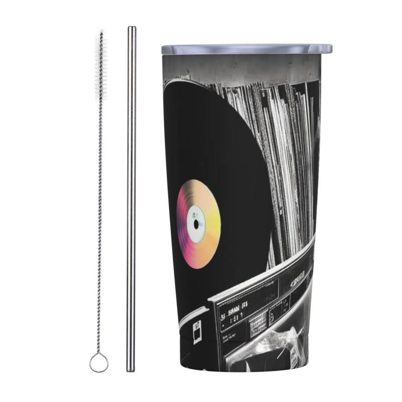 Reise-Kaffeetasse, Vinyl-Schallplatten, isolierter Becher mit Deckel und Strohhalmen, wiederverwendbare Edelstahl-Wasserflasche, Reise-Kaffeetassen, Becher für Damen und Herren, 590 ml von NONHAI