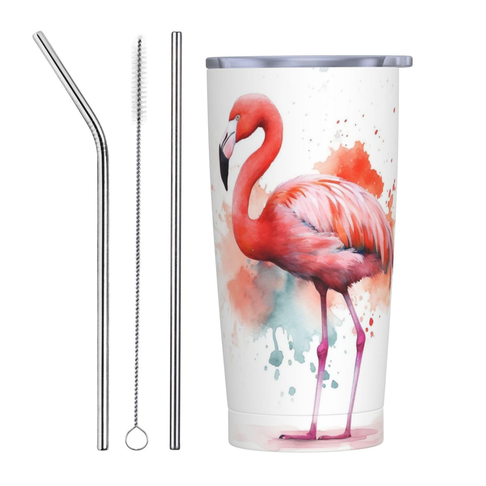 Reise-Kaffeetasse, Wasserfarben, Flamingo, isolierter Becher mit Deckel und Strohhalmen, wiederverwendbar, Edelstahl, Reise-Kaffeetassen, Becher für Damen und Herren, 590 ml von NONHAI