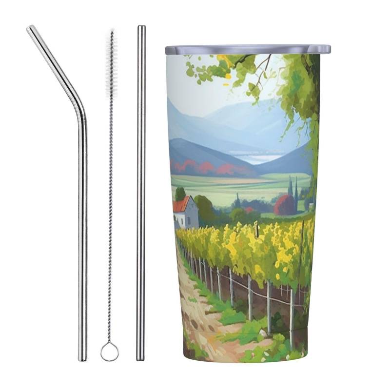 Reise-Kaffeetasse, Weinberg, isolierter Becher mit Deckel und Strohhalmen, wiederverwendbare Edelstahl-Wasserflasche, Reise-Kaffeetassen, Becher für Damen und Herren, 590 ml von NONHAI