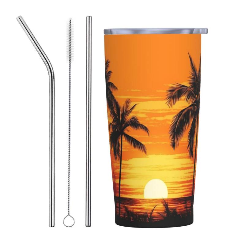 Reise-Kaffeetasse, tropische Palmen, Sonnenuntergang, isolierter Becher mit Deckel und Strohhalmen, wiederverwendbar, Edelstahl, Reise-Kaffeetassen, Becher für Damen und Herren, 590 ml von NONHAI