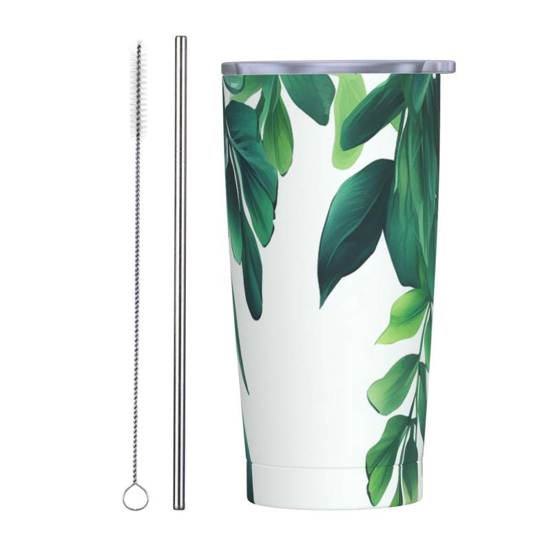 Reise-Kaffeetasse, tropische grüne Blätter, isolierter Becher mit Deckel und Strohhalmen, wiederverwendbare Edelstahl-Wasserflasche, Reise-Kaffeetassen, Becher für Damen und Herren, 590 ml von NONHAI