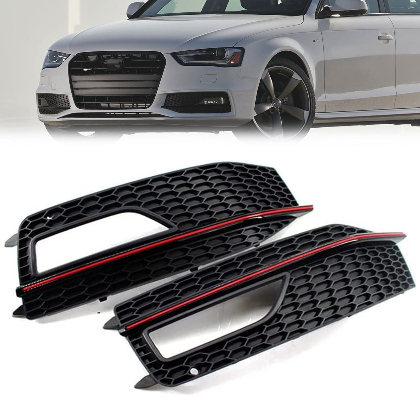 NOZADO ABS Schwarz Stoßstange Gitter Abdeckung Blende for Audi A4 B8 S4 Sline Facelift 2013 2014 2015 Nebelscheinwerfer Frontstoßstangen Grill Stoßfängergitter Lampenabdeckung (Size : Black red pair von NOZADO