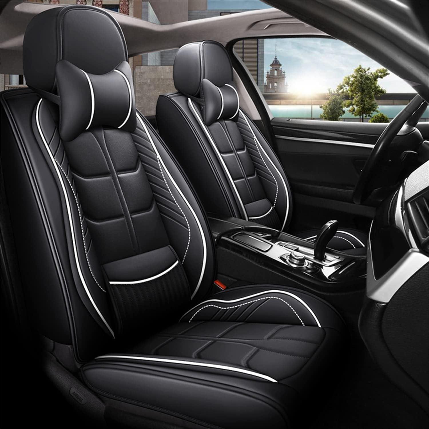 NPORT Auto PU-Leder Sitzbezüge Sets für Hyundai Tucson 3. Generation TL 2015-2020, Komfortabler Dauerhafter Sitzbezug Vordersitze Rücksitze Autositzschoner,A/Blackwhite-Withpillow von NPORT