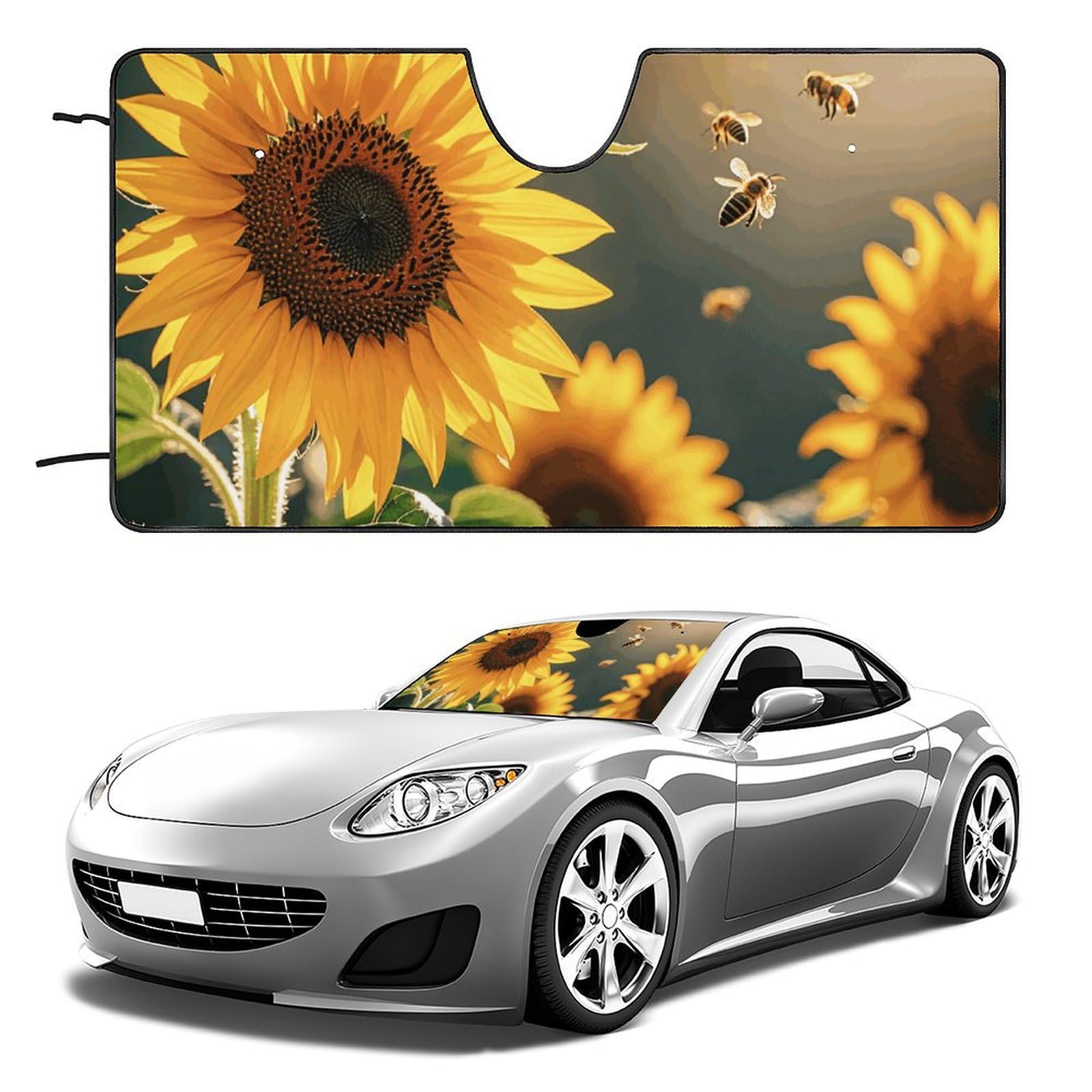 Bee & Sunflowers Windschutzscheiben-Sonnenschutz, faltbar, Sonnenlicht-Reflektor, Auto-Frontscheibe, Sonnenschutz, Sonnenschutz, Schatten, hält das Fahrzeug kühl (129,5 x 71,1 cm) von NQHJT