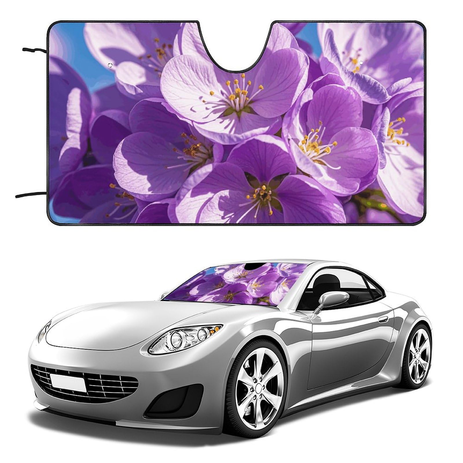 Blühende violette Blüten Windschutzscheiben-Sonnenschutz, Auto, faltbarer Sonnenlicht-Reflektor, Auto-Frontscheibe, Sonnenschutz, Sonnenschutz, Schatten, hält das Fahrzeug kühl (139,7 x 76,2 cm) von NQHJT