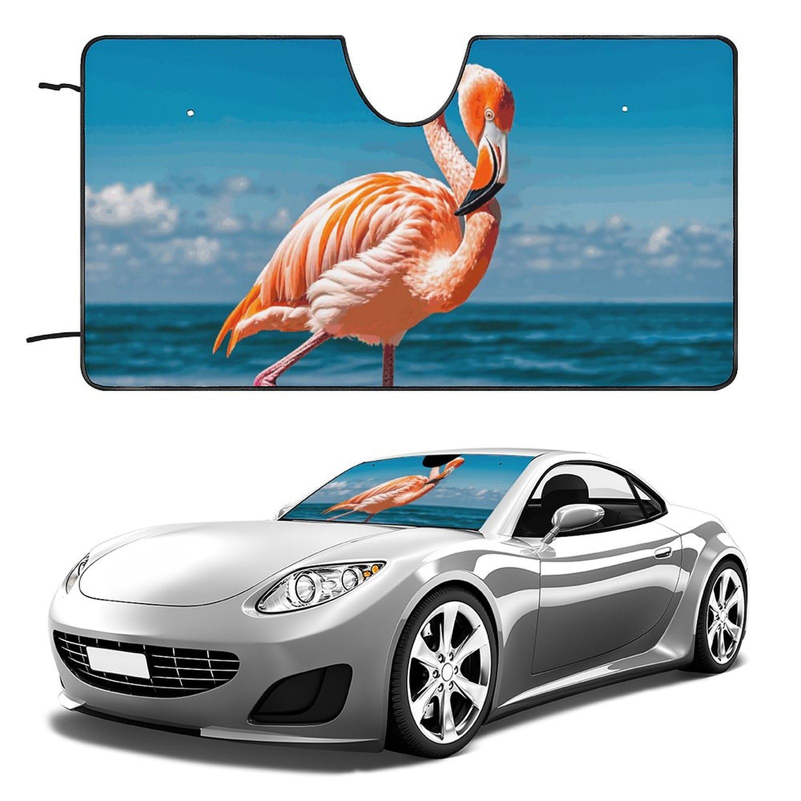 Ein Flamingo am Strand, Windschutzscheiben-Sonnenschutz, faltbar, Reflektor, Auto-Frontscheibe, Sonnenschutz, Schatten, hält das Fahrzeug kühl (129,5 x 71,1 cm) von NQHJT