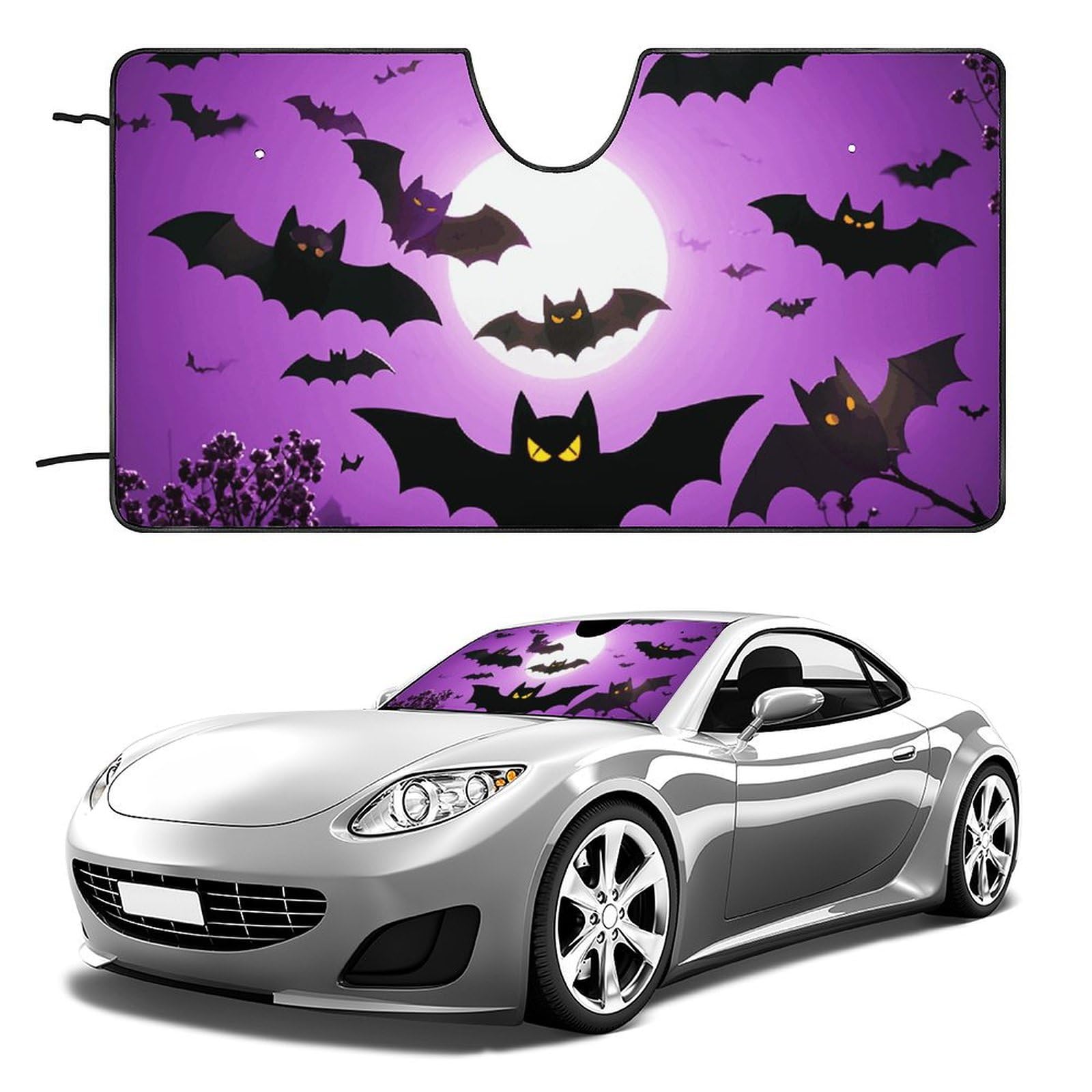 Halloween Fliegender lila Fledermäuse Windschutzscheiben-Sonnenschutz Auto Faltbarer Sonnenlicht-Reflektor Auto Frontscheibe Sonnenschutz Visier Schatten hält Fahrzeug kühl (129,5 x 71,1 cm) von NQHJT