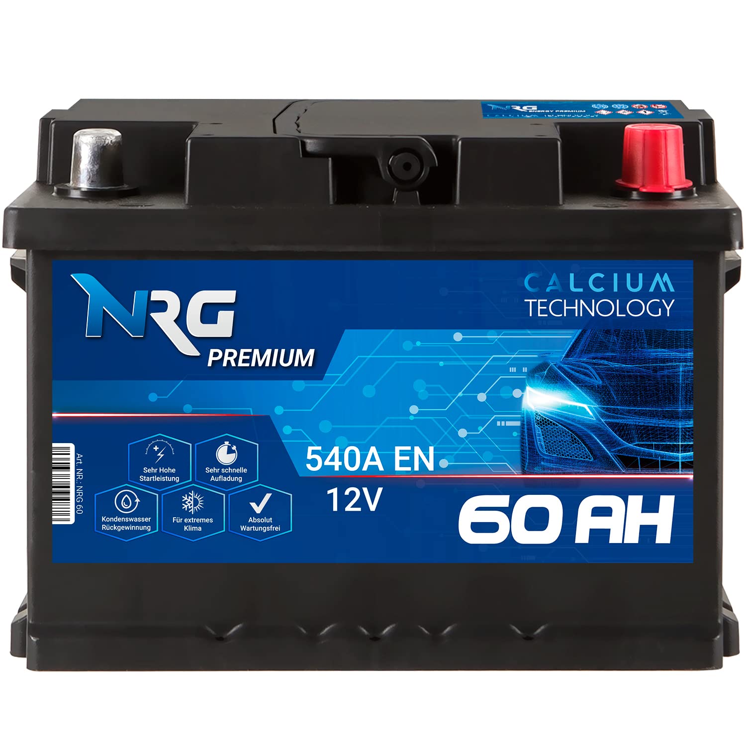 NRG Premium Autobatterie 12V 60Ah 540A/EN Starterbatterie ersetzt 53AH 54AH 55AH 56AH 61AH 62AH Batterie von NRG PREMIUM