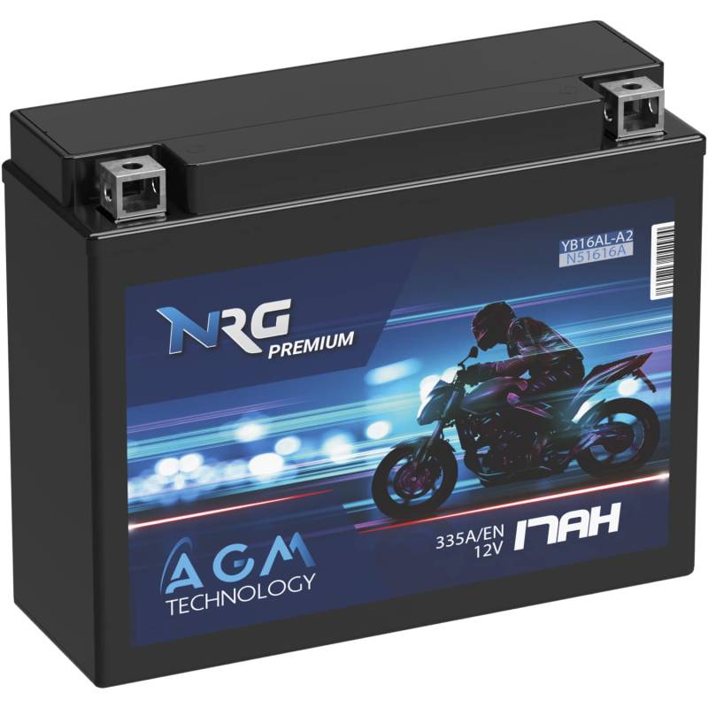 NRG Premium YB16AL-A2 AGM Motorradbatterie 17Ah 12V 335A/EN AGM Batterie 12V entspricht 51616 AGM12-16AL-A2 Batterie doppelte Lebensdauer wartungsfrei von NRG PREMIUM