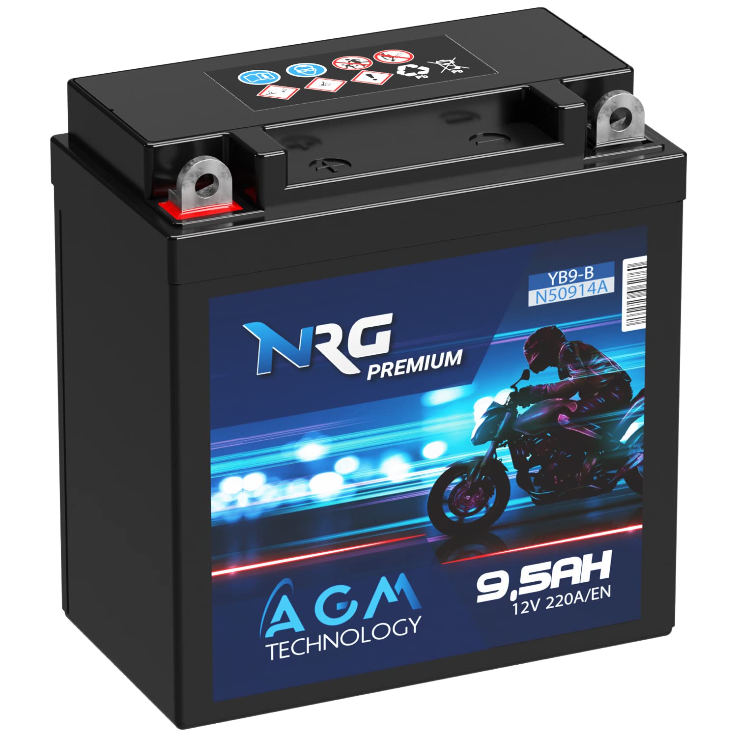 NRG Premium YB9-B AGM Motorradbatterie 9,5Ah 12V 220A/EN Batterie 50914 YB9-BS CB9-B GM9Z 12N9-4B-1 auslaufsicher wartungsfrei ersetzt 9Ah 8Ah von NRG PREMIUM